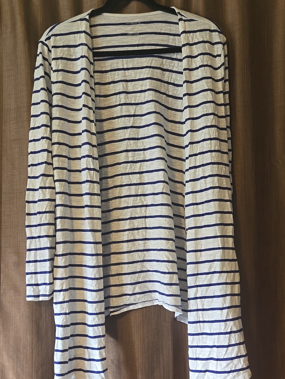 Chico's White and Navy Striped Open Cardigan